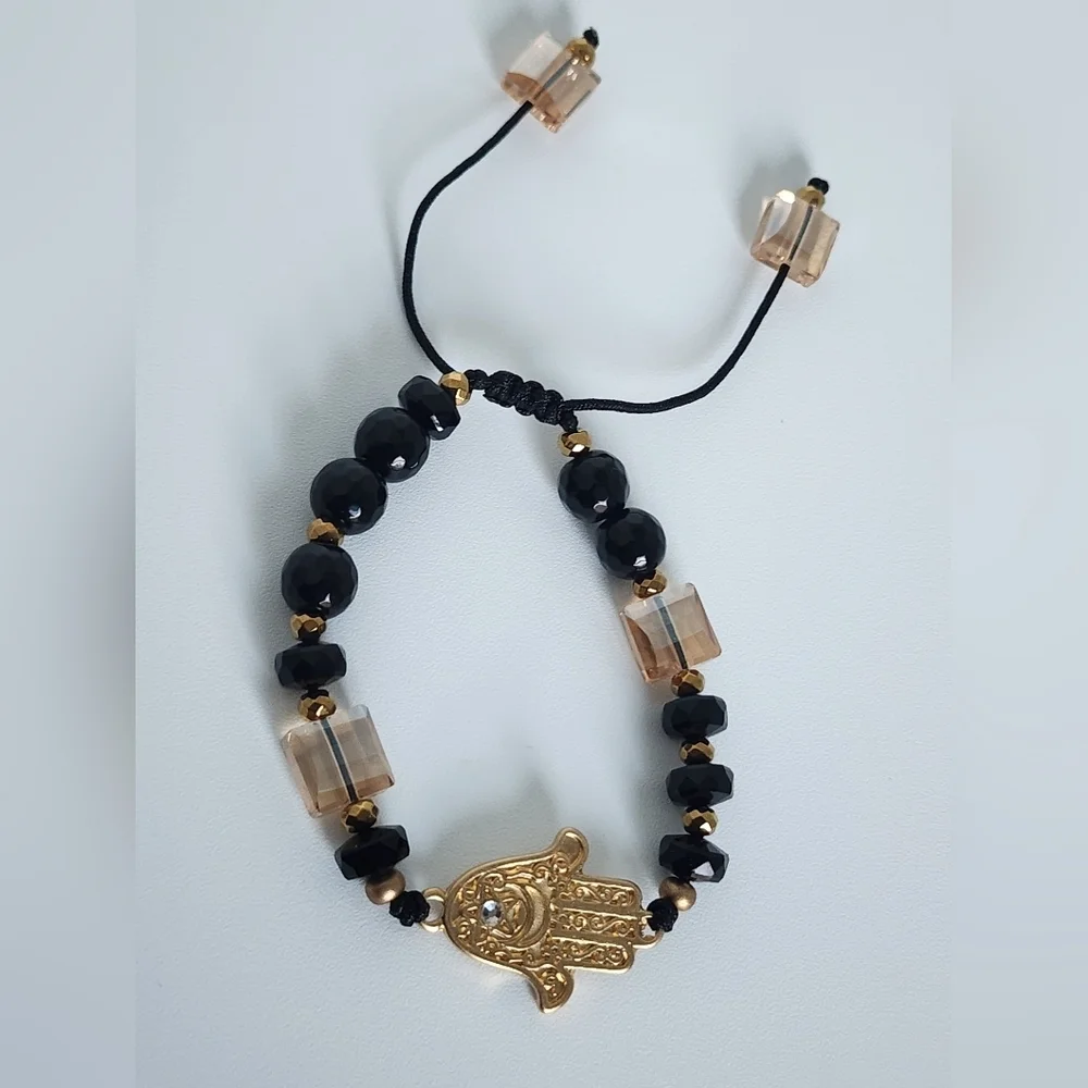 Adjustable Hamsa Hand Bracelet Black Beaded Gold Tone Crystal Accent